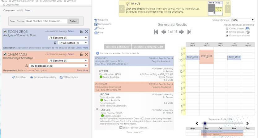 Screenshot of course availability in MyTimetable