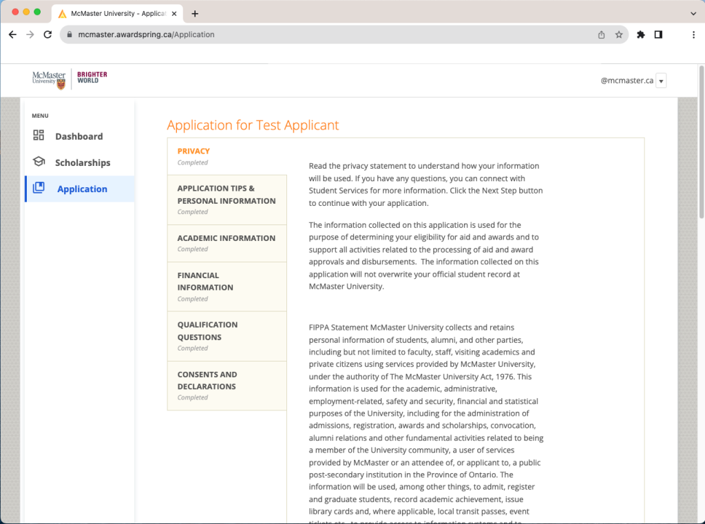 Screenshot of the General Application on AwardSpring