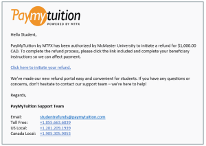 Screen capture of the PayMyTuition email a student will receive.